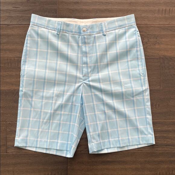 GREG NORMAN Plaid Golf Short Mens Sz 32 Blue White Flat Front - Picture 1 of 5